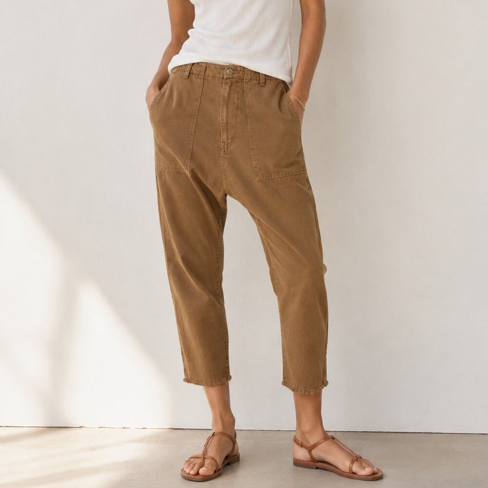 Nili Lotan 4 Linen Luna Pant $395 Drop Crotch Cotton Slouchy Cropped Tawny Brown